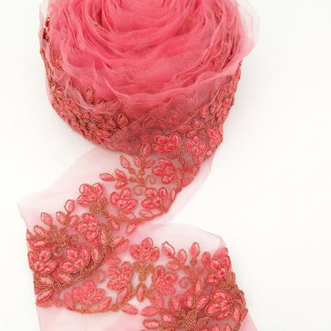 Pink Net Fabric Lace Trim with Floral Embroidery, Lace Trim, Sari Border